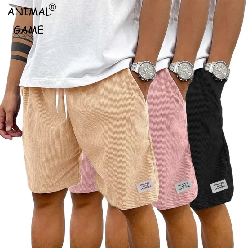 Summer Men's Solid Corduroy Shorts with Drawstring Casual Elastic Waist Fit for Outdoor Daily Activities Streetwear