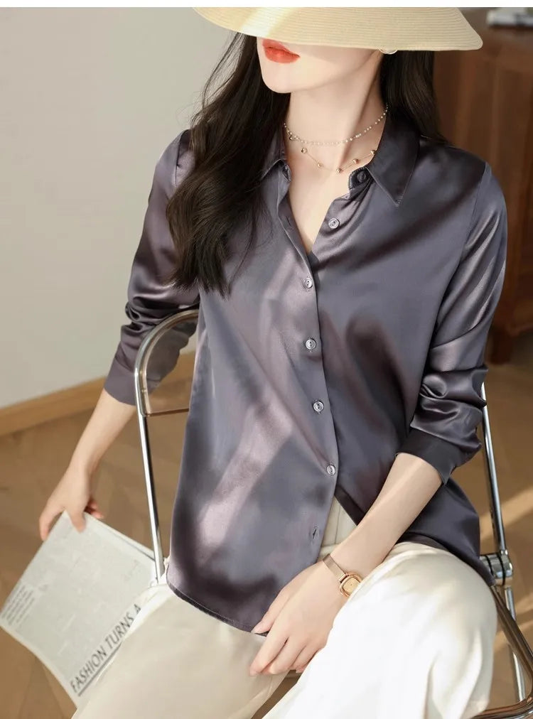 Spring Autumn Elagant Satin Women's Blouse 2025 New Long Sleeve Turn-down Collar Korean Casual Loose Office Lady Shirts Female