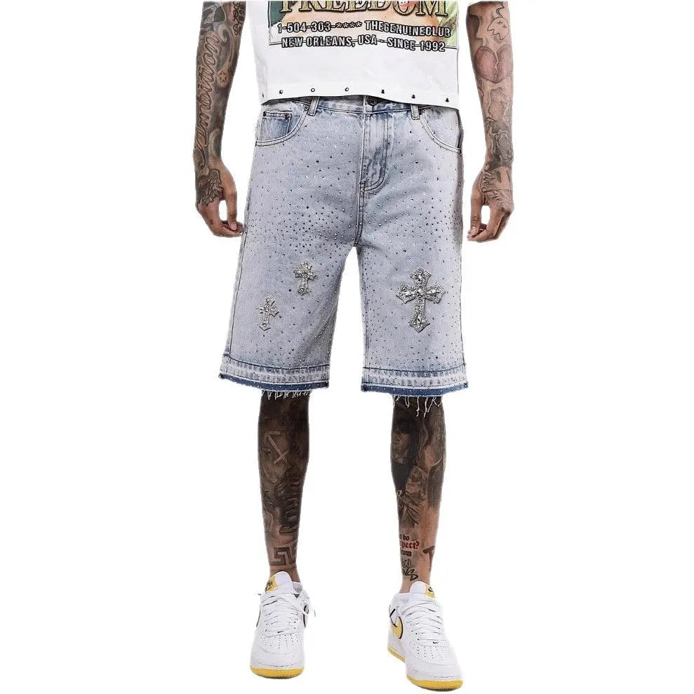 Oversized Iron Diamond Pattern Denim Shorts for Men Hip Hop Punk Low Waist Gym Shorts Streetwear Retro Gothic Y2k Sweatpants