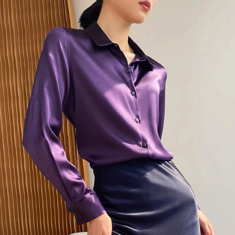 Spring Autumn Elagant Satin Women's Blouse 2025 New Long Sleeve Turn-down Collar Korean Casual Loose Office Lady Shirts Female