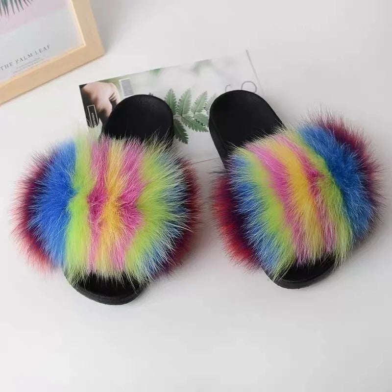 Real Fox Fur Slippers Women Fluffy Slippers With Fur Fashion Beach Shoes Plus Size Shoes Natural Fur Slippers Woman Home Slipper