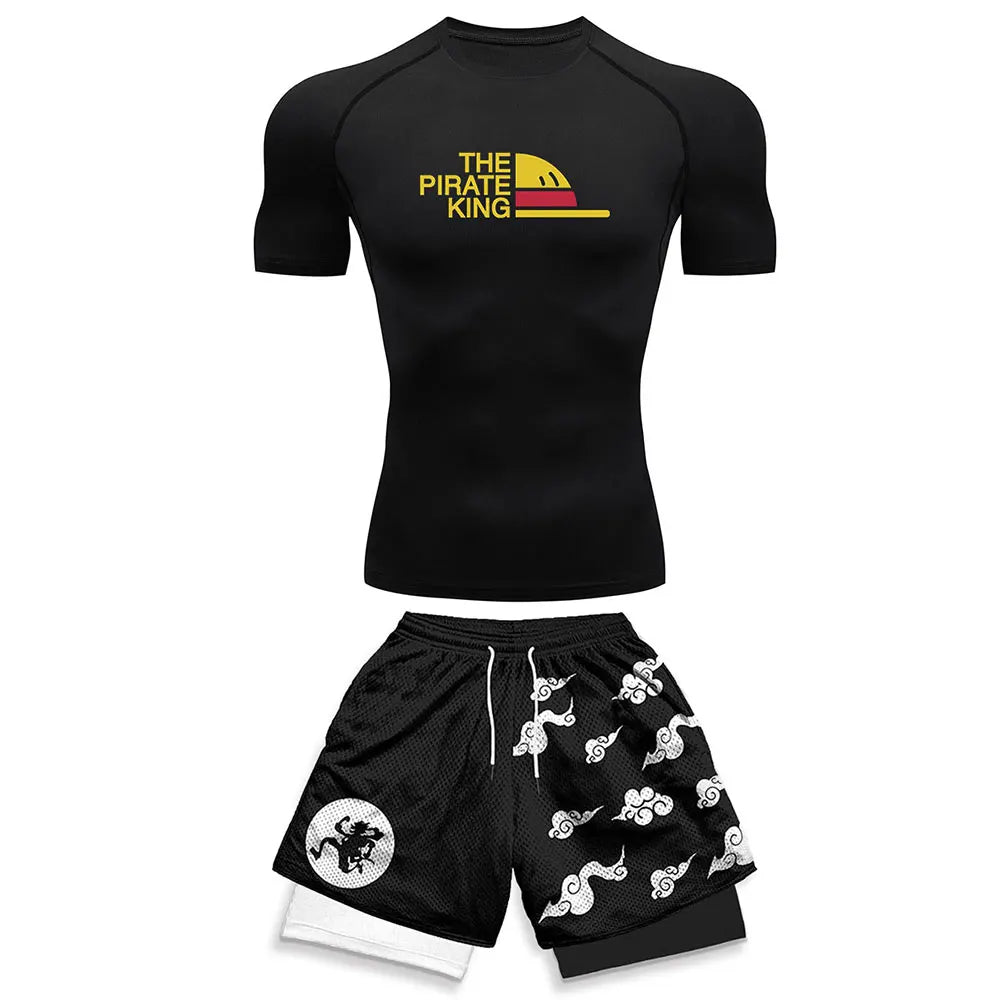 Men's Sports Running Set Anime Compression Shirt + Shorts Skin-Tight Short Sleeves Quick Dry Fitness Tracksuit Gym Yoga Suits