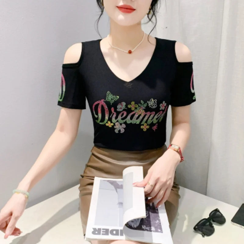M-3XL Streetwear Luxury Flower Hot Diamonds T-Shirt Women Summer Fashion Sexy Off Shoulder Slim Mesh Tops Female Chic Tees