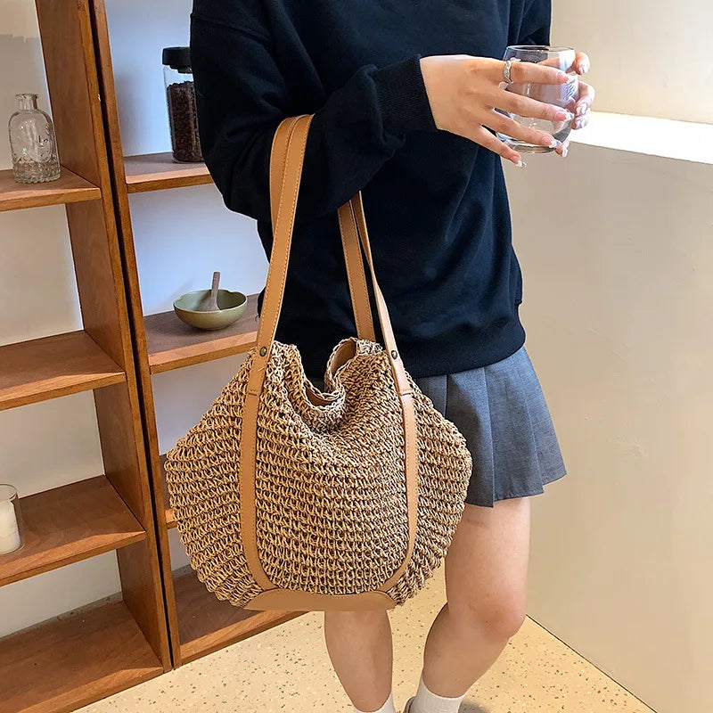 Casual Women's Underarm Shoulder Bag Luxury Design Straw Woven Large Capacity  Fashion Hobo Handbag Summer Beach BagShopper Tote