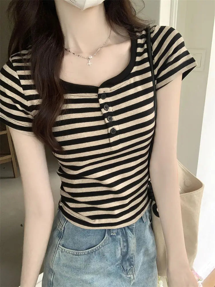 Striped short-sleeved T-shirt for women, new summer collection Harajuku ins style slim fit versatile and slimming petite top