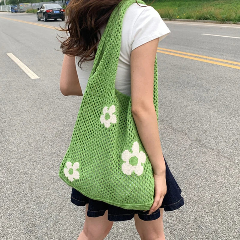 Ins Fashion Sweet Flower Knitted Hollow Tote Bag Large Capacity Shopping Bag Ladies Simple Retro Shoulder Bag Handbag for Women