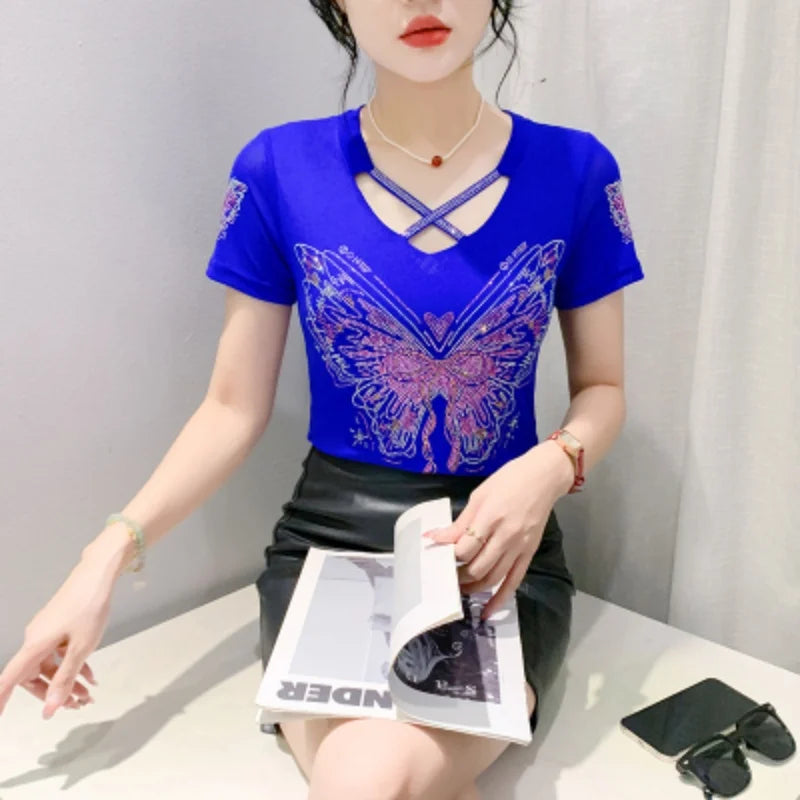 M-3XL Streetwear Luxury Flower Hot Diamonds T-Shirt Women Summer Fashion Sexy Off Shoulder Slim Mesh Tops Female Chic Tees