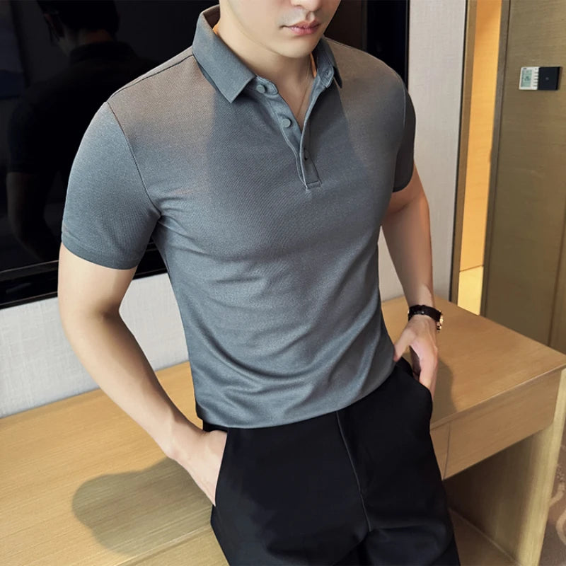 Solid Color Men's Business-casual POLO Shirt, Slim-fit Stretchable Polo Shirt with Polo Collar, Short Sleeve T-shirt for Summer.