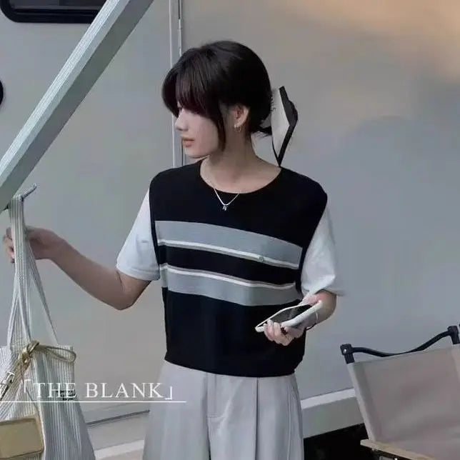 Korean Striped Fake Two-piece Knitted Short Sleeve Shoulder T-shirt for Women in Summer Loose Short Top