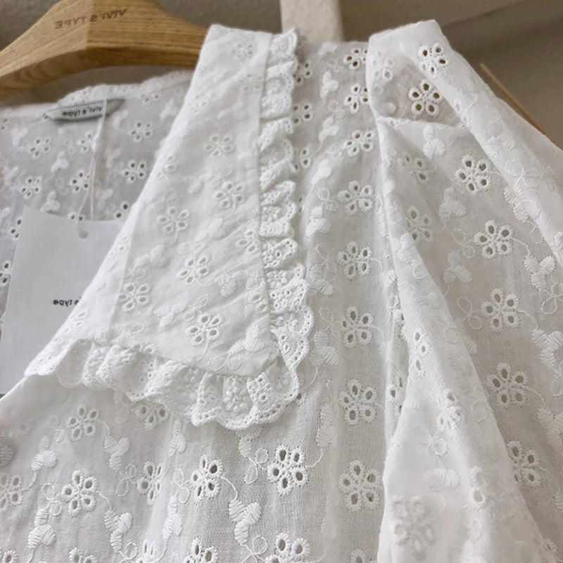 2024 Summer Women Hollow Flower Lace Blouse Korean Chic Puff Short Sleeve Shirt Peter Pan Collar Solid Loose Tops Clothing 13919