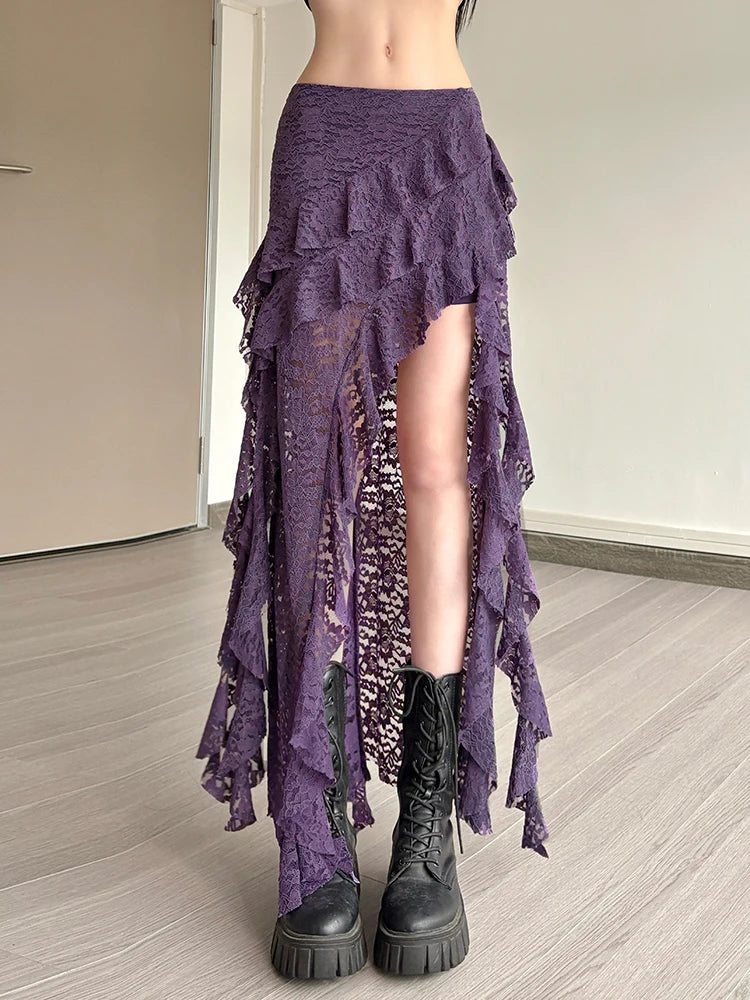 Nibber Tassels Women Skirts Irregular Hem Multi-Layered Ruffles Lace Patchwork Sweet Summer Trend Daily Skinny Versatile Bottoms