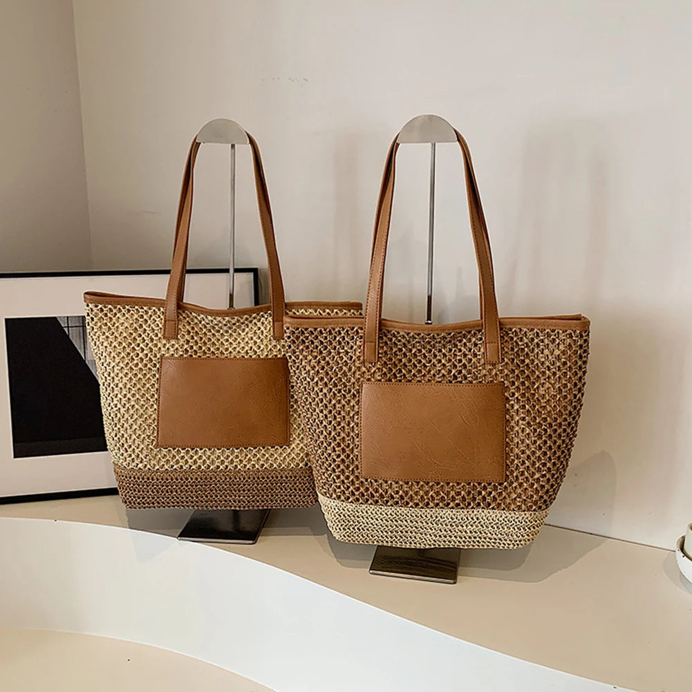 Women Straw Crochet Beach Handbag PU Patchwork Simple Shoulder Bag Contrast Color Minimalist Tote Bag Ladies Summer Bag