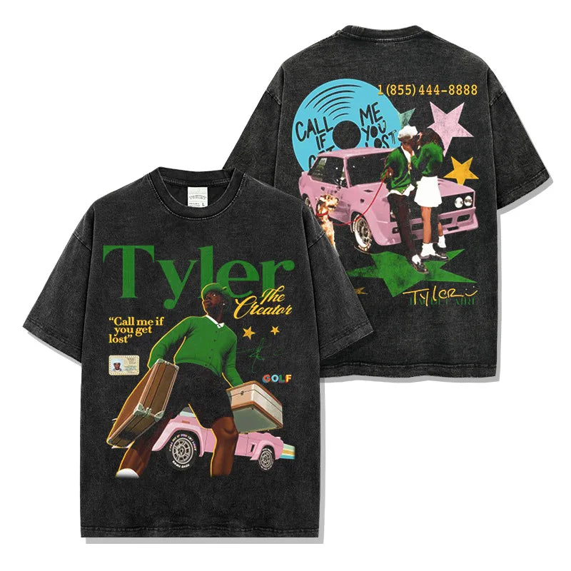 American Hip Hop Tyler The Creator Printed Washed Short Sleeve Men's T-Shirt Loose Crew Neck Top