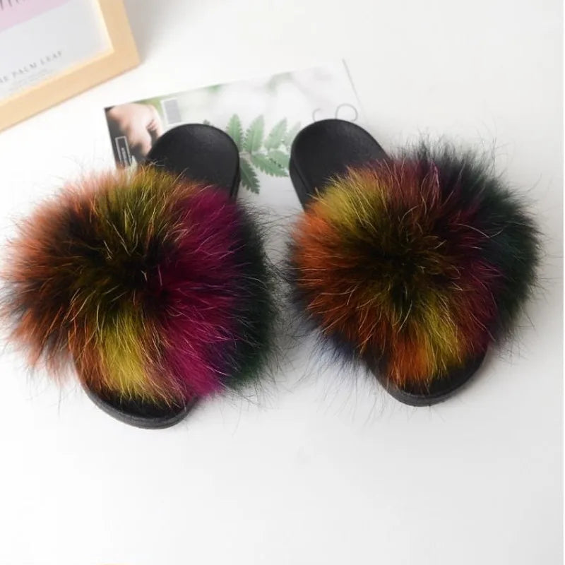 Real Fox Fur Slippers Women Fluffy Slippers With Fur Fashion Beach Shoes Plus Size Shoes Natural Fur Slippers Woman Home Slipper