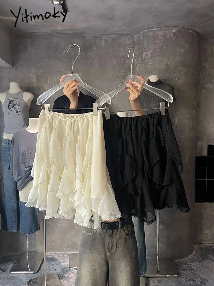 Fashion Skirts for Women Vintage Sexy Casual Skirts Solid Lace Asymmetrical High Waist Sweet Mini 2025 New Spring Summer Skirts