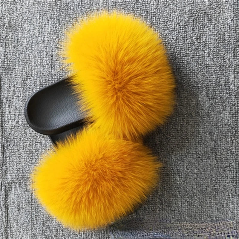 Real Fox Fur Slippers Women Fluffy Slippers With Fur Fashion Beach Shoes Plus Size Shoes Natural Fur Slippers Woman Home Slipper
