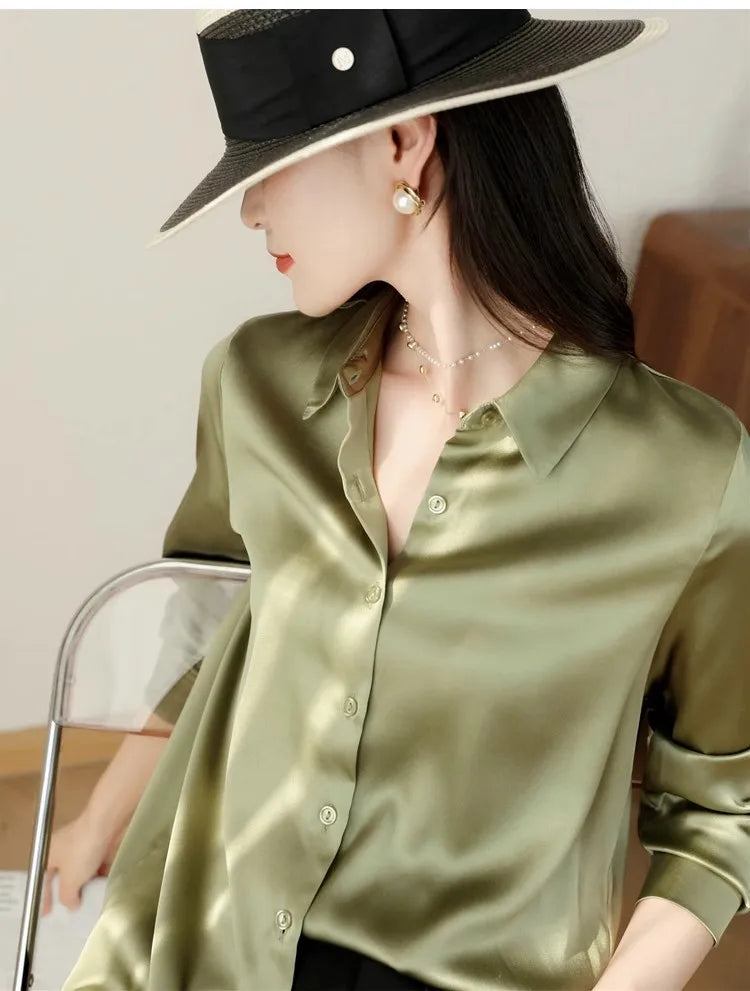 Spring Autumn Elagant Satin Women's Blouse 2025 New Long Sleeve Turn-down Collar Korean Casual Loose Office Lady Shirts Female