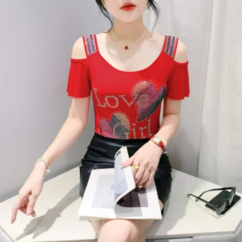 M-3XL Streetwear Luxury Flower Hot Diamonds T-Shirt Women Summer Fashion Sexy Off Shoulder Slim Mesh Tops Female Chic Tees