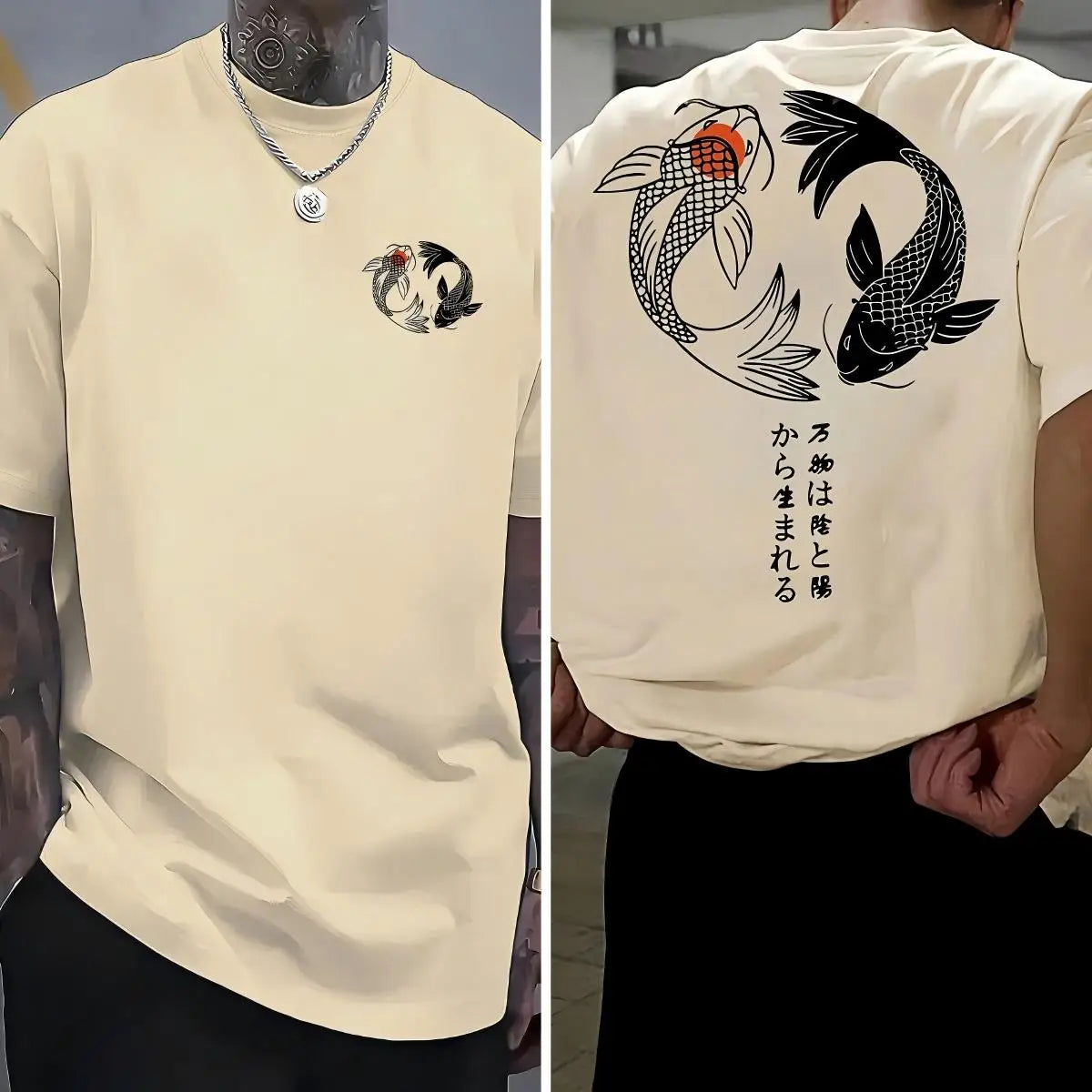 Japanese Koi Harajuku Illustration Pattern T-Shirt Men Summer Casual T Shirt Soft Fashion Short Sleeve Loose Cotton Sportswear