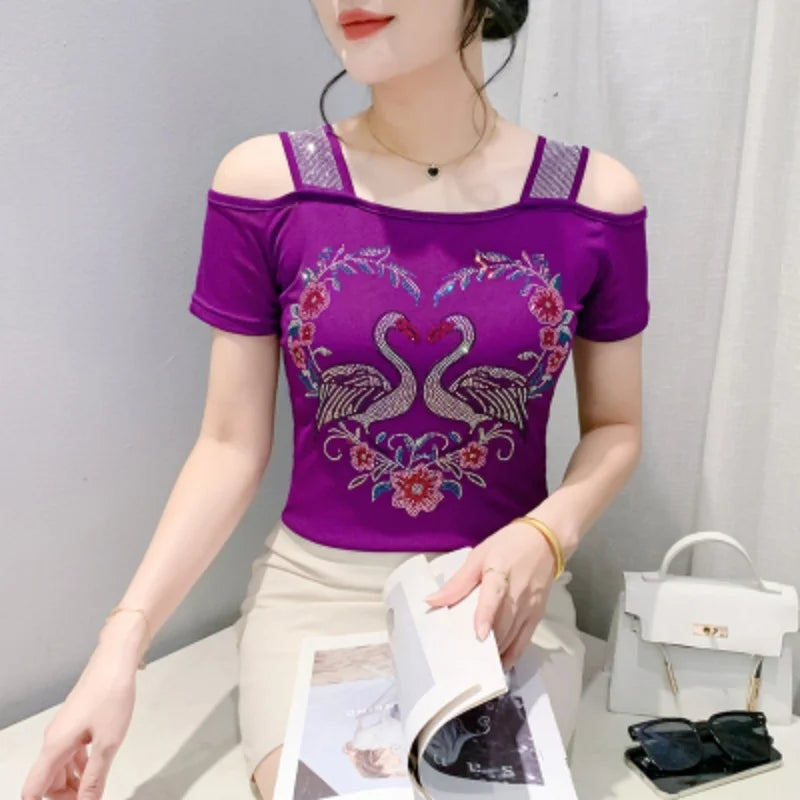 M-3XL Streetwear Luxury Flower Hot Diamonds T-Shirt Women Summer Fashion Sexy Off Shoulder Slim Mesh Tops Female Chic Tees