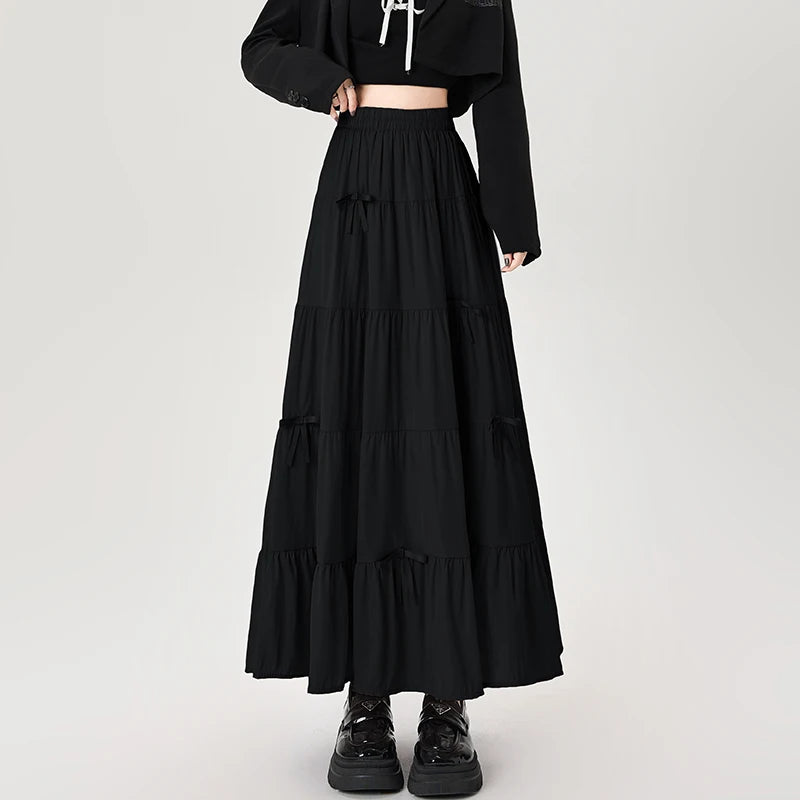 Summer Blue Long Skirts for Women Elastic High Waist Bow Cake Skirts Ladies Loose A-line Midi Skirts Korean Preppy Style Skirts