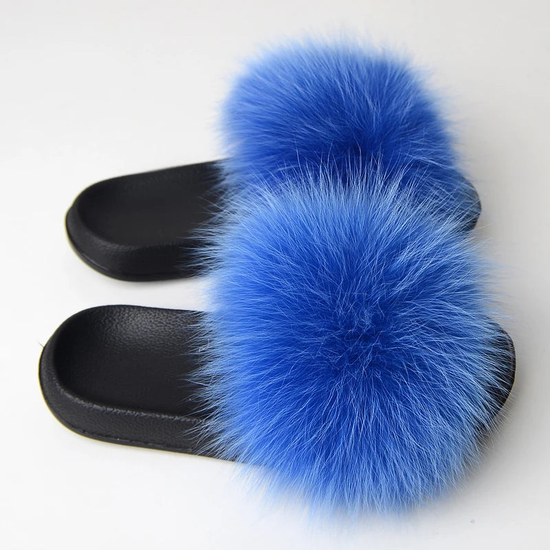 Real Fox Fur Slippers Women Fluffy Slippers With Fur Fashion Beach Shoes Plus Size Shoes Natural Fur Slippers Woman Home Slipper