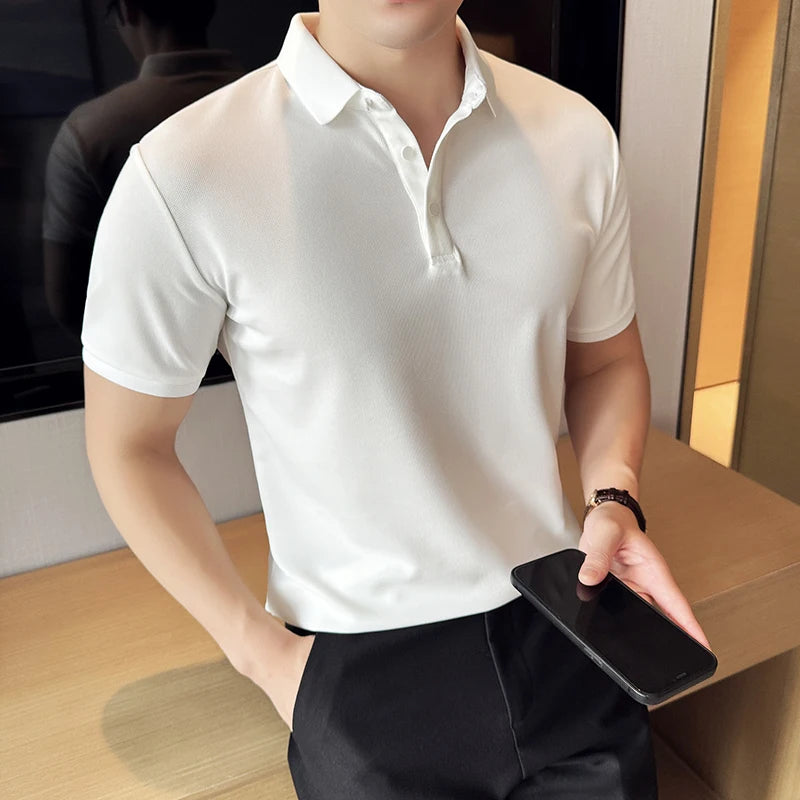 Solid Color Men's Business-casual POLO Shirt, Slim-fit Stretchable Polo Shirt with Polo Collar, Short Sleeve T-shirt for Summer.