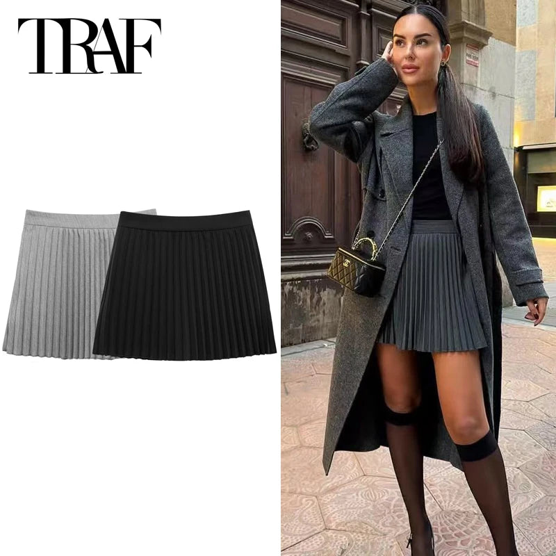 TRAF Mini Pleated Culottes Women's Skirt Summer 2025 Elegant Black Grey Skirts Wrap High Waist Skirt Pants Korean Style Culottes