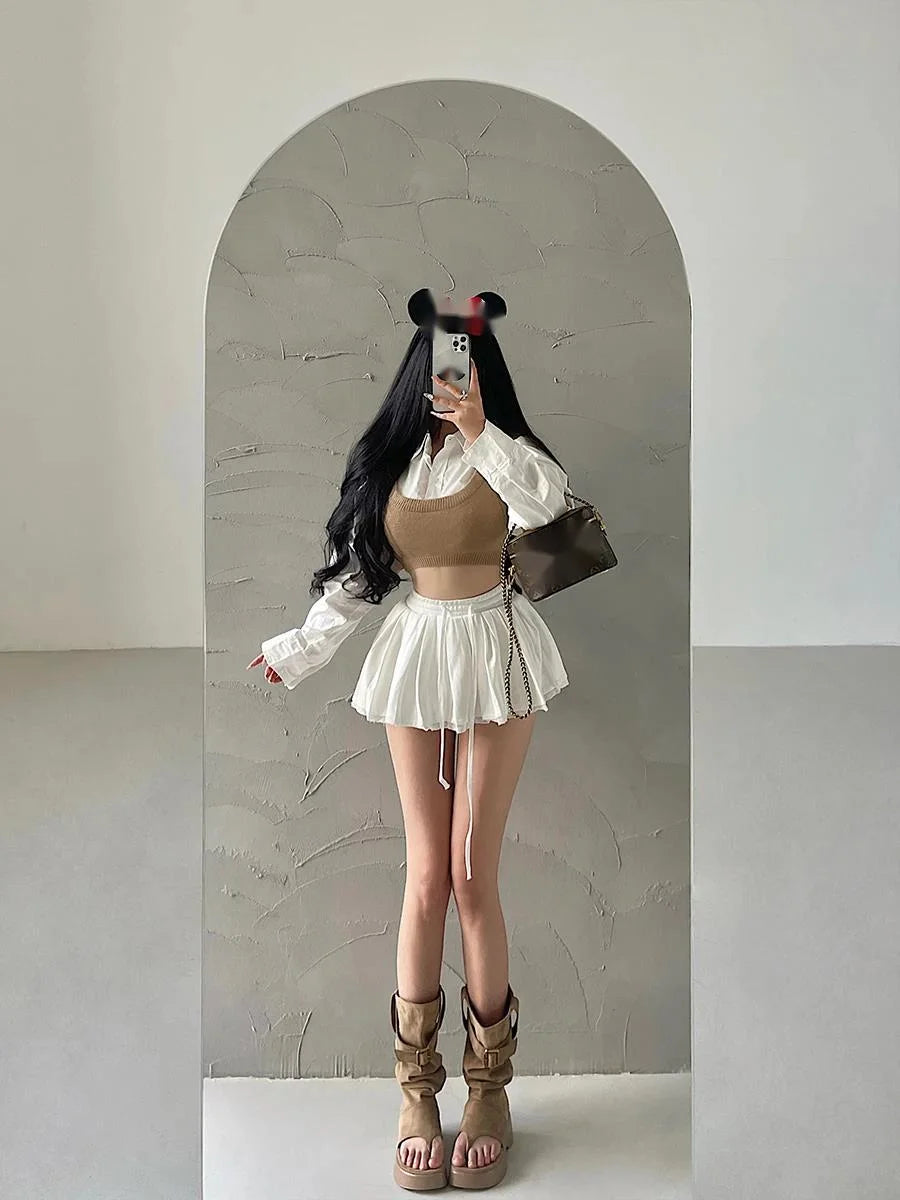 Lace Patchwork Pleated Skirt for Women Y2K Summer Fashion Preppy Drawstring Tutu Skirt Korean Sweet Lolita All Match Mini Skirts
