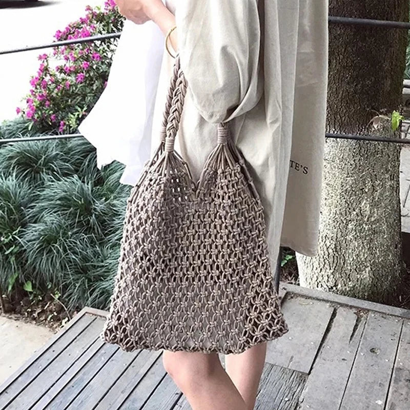 Women Large Capacity Straw Handbag Totes Hollow Out Shoulder Bags Vintage Travel Beach Bag Shopping Pack