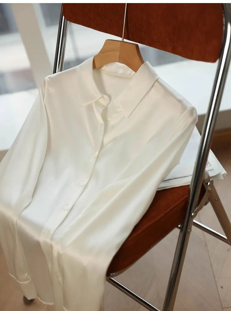 Spring Autumn Elagant Satin Women's Blouse 2025 New Long Sleeve Turn-down Collar Korean Casual Loose Office Lady Shirts Female