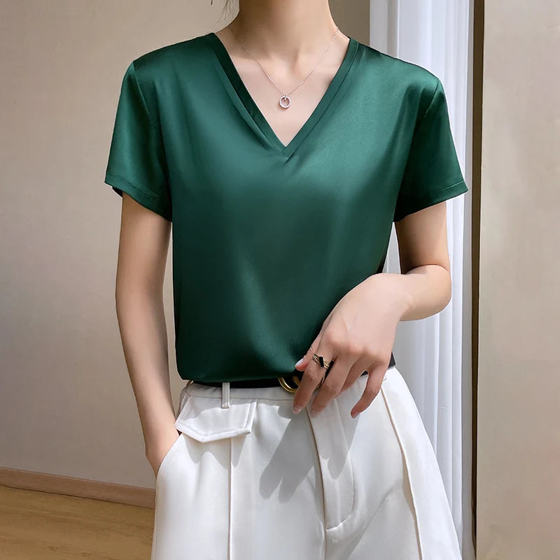 2024 Summer Basic Solid Women's T-Shirts V-Neck Short Sleeve Tees Tops  Satin Silk Elegant Thin Shirts for Female