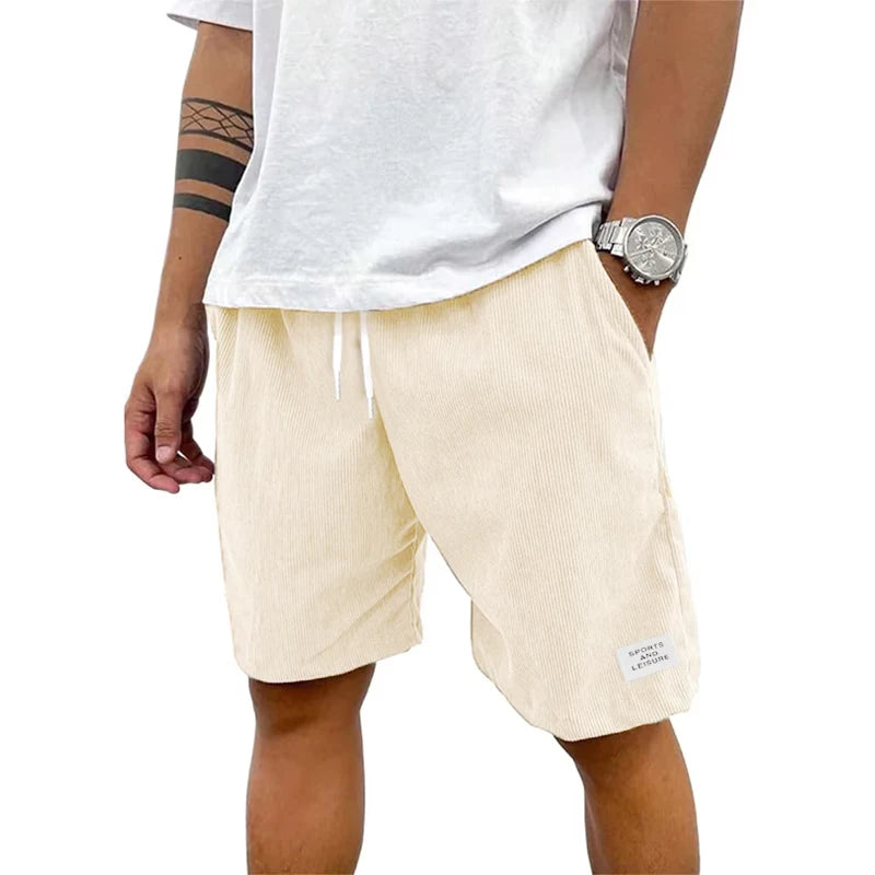 Summer Men's Solid Corduroy Shorts with Drawstring Casual Elastic Waist Fit for Outdoor Daily Activities Streetwear