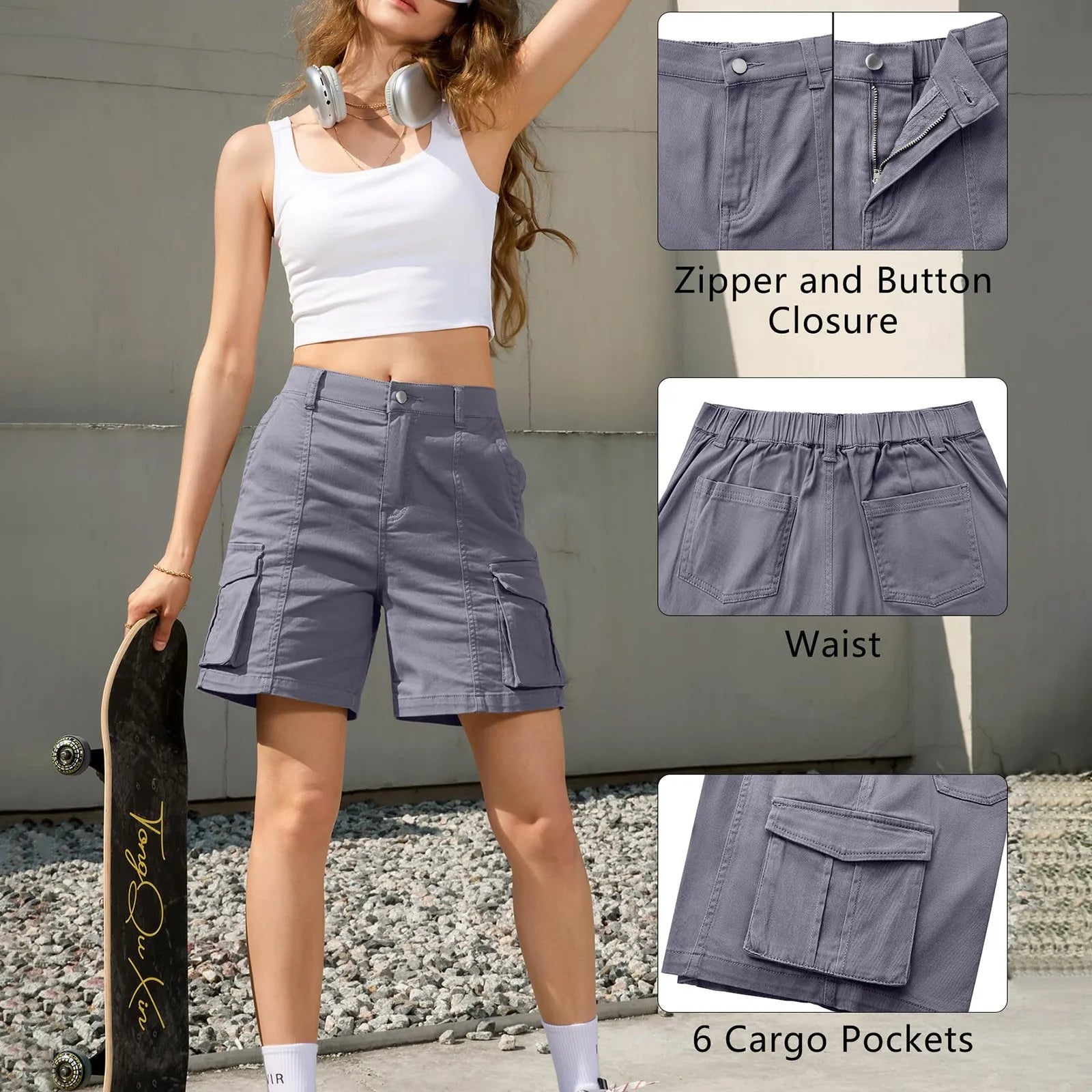 Women Vintage Elastic Low Waist Cargo Shorts Summer Casual Solid short overalls pants with Pockets for Sports