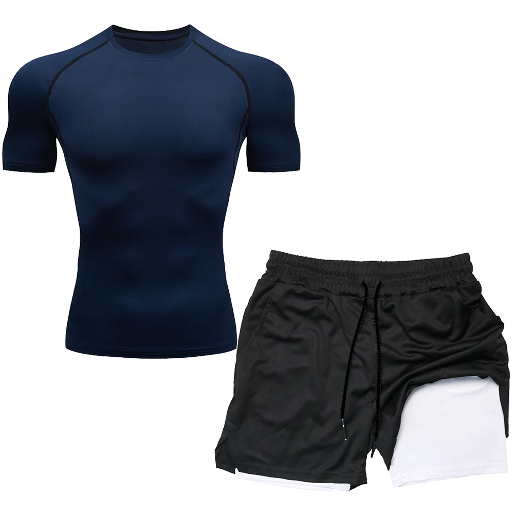 Compression Set Running Sport Fitness Suit for Men Quick Dry Compression Shirt+Gym Shorts 2PCS Workout Summer Sportwear