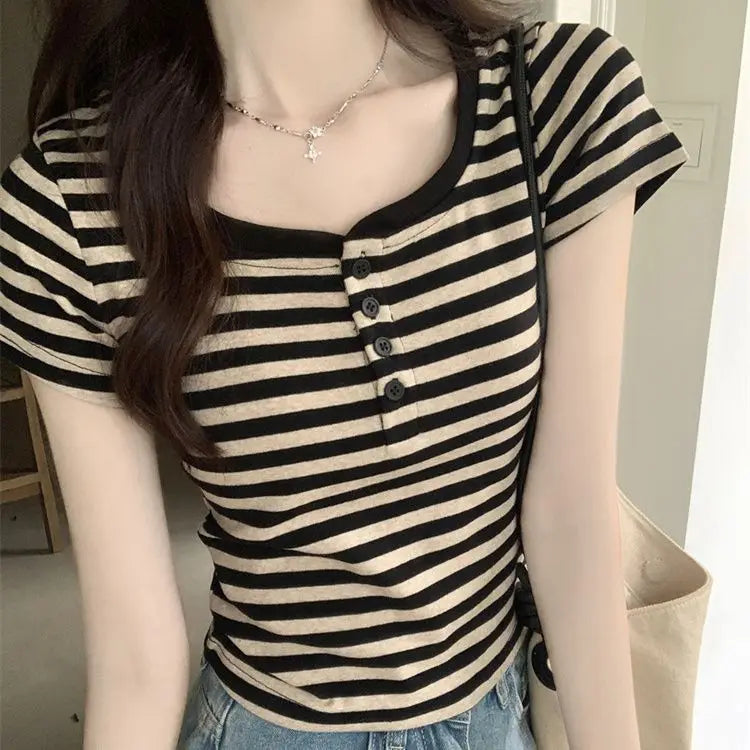Striped short-sleeved T-shirt for women, new summer collection Harajuku ins style slim fit versatile and slimming petite top