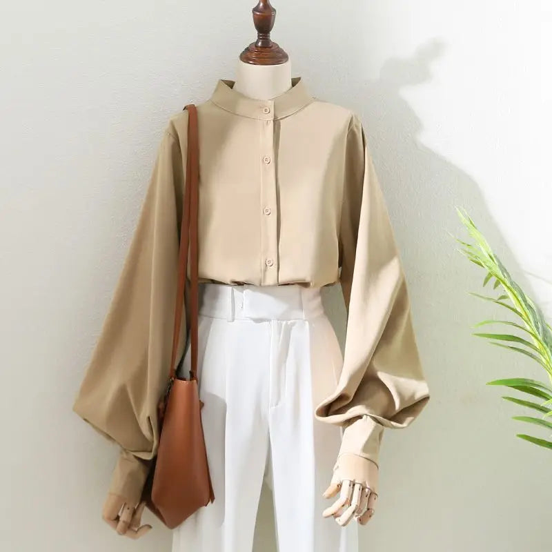 Spring New Style Lantern Sleeve White Shirt Women Long-sleeved Grinding Top Korean Style Loose Stand Collar Puff Sleeve Cardigan