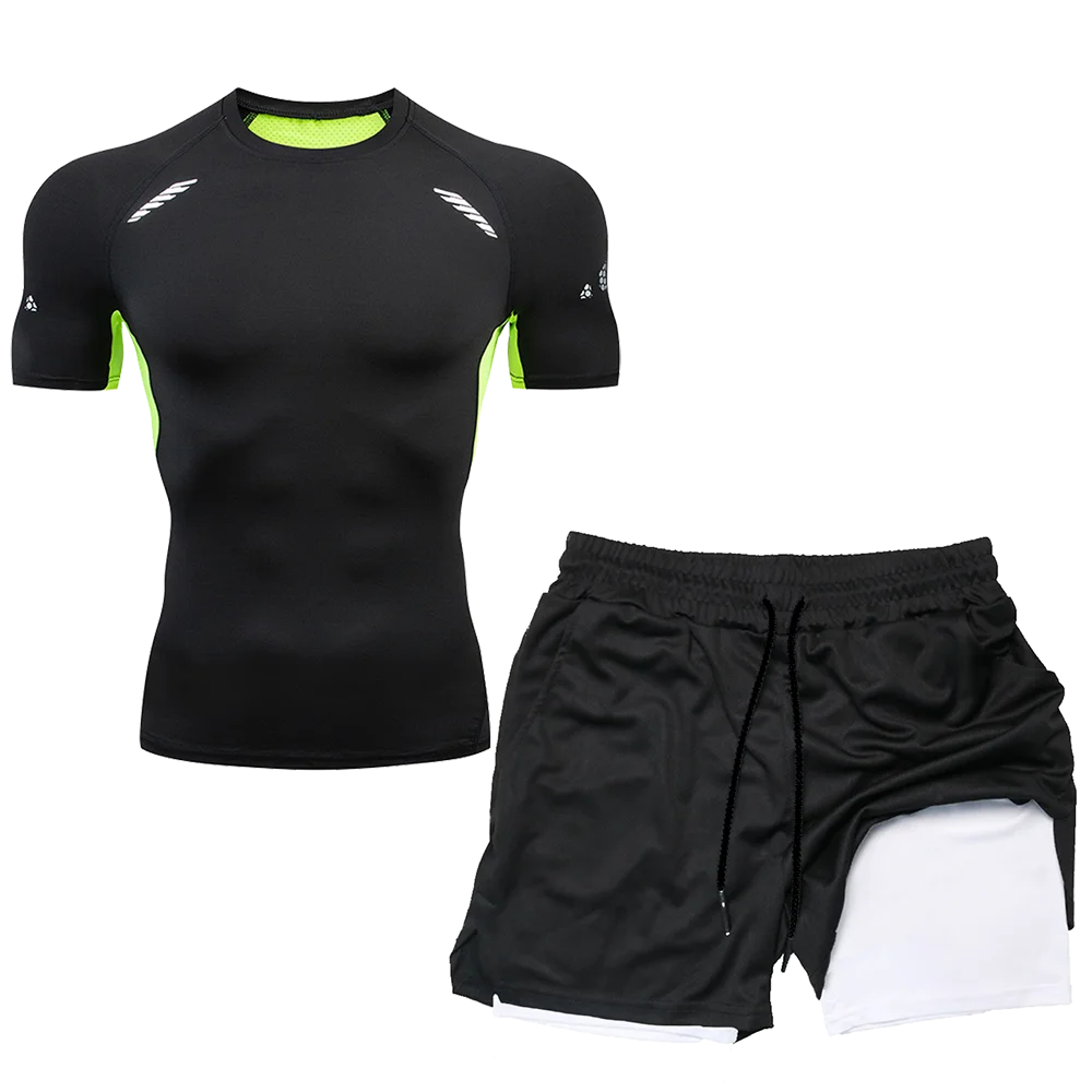 Compression Set Running Sport Fitness Suit for Men Quick Dry Compression Shirt+Gym Shorts 2PCS Workout Summer Sportwear