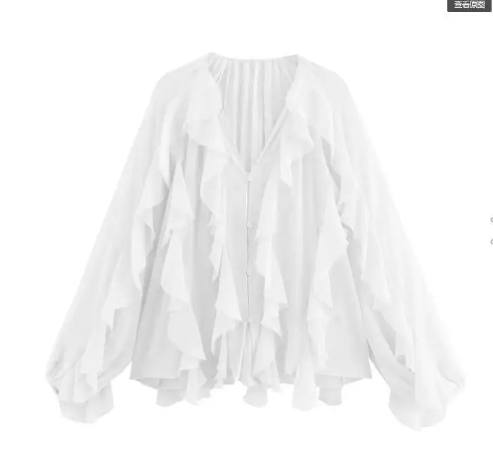 VEITCHE Spring Summer Women Fashion Casual Ruffles Blouses Semi-sheer Loose V Neck Tiered Single Breasted Solid Color Chic Tops
