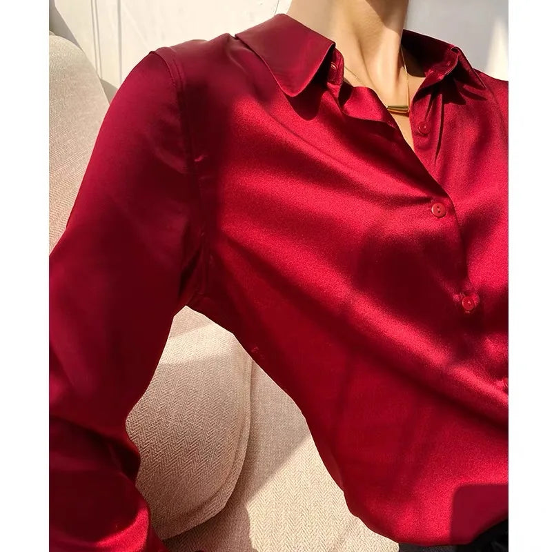Spring Autumn Elagant Satin Women's Blouse 2025 New Long Sleeve Turn-down Collar Korean Casual Loose Office Lady Shirts Female