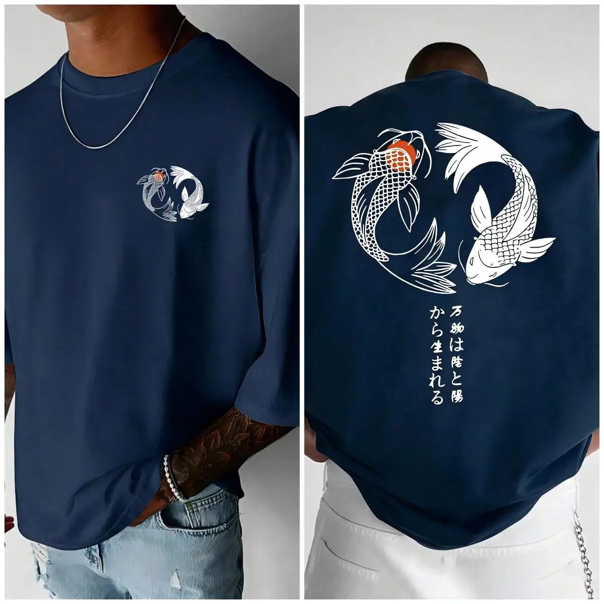 Japanese Koi Harajuku Illustration Pattern T-Shirt Men Summer Casual T Shirt Soft Fashion Short Sleeve Loose Cotton Sportswear