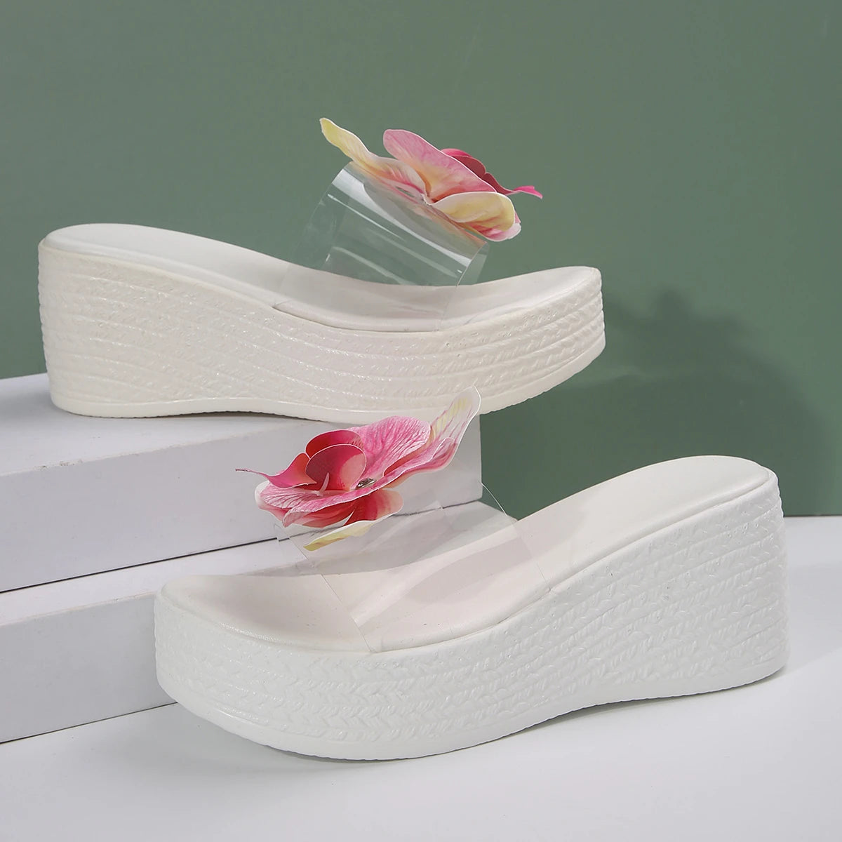Flower Decor Wedge Sandals Women 2025 Summer Chunky Platform Beach Slippers Woman Plus Size 43 Light Non Slip Outdoor Slides