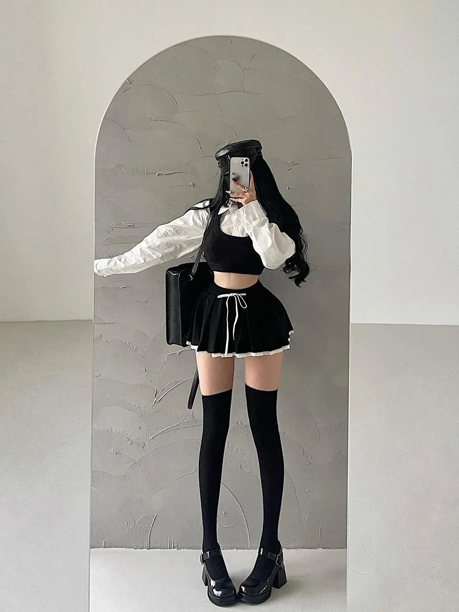 Lace Patchwork Pleated Skirt for Women Y2K Summer Fashion Preppy Drawstring Tutu Skirt Korean Sweet Lolita All Match Mini Skirts