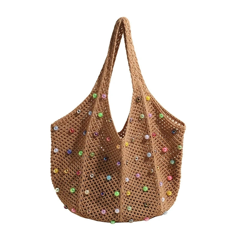 Summer Commuting Woven Bag for Women Single Armpit Bag, Fashion Large Capacity Tote Bag, Beach Pearl Hollow Handbag Shoulder Bag