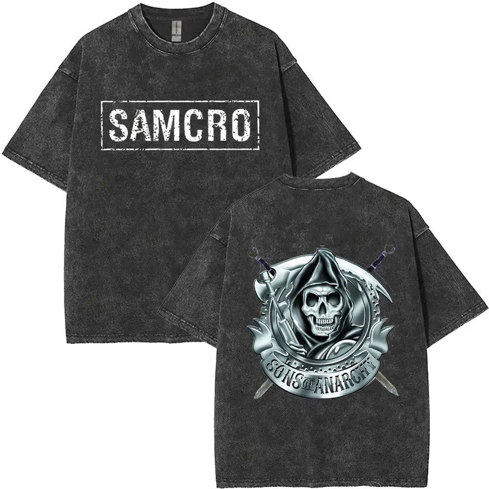 Limited Anarchy Son Samcro Vintage Wash T-shirt Men's and Women's Skeleton Hip Hop Rock Casual T-shirt Short Sleeve Top
