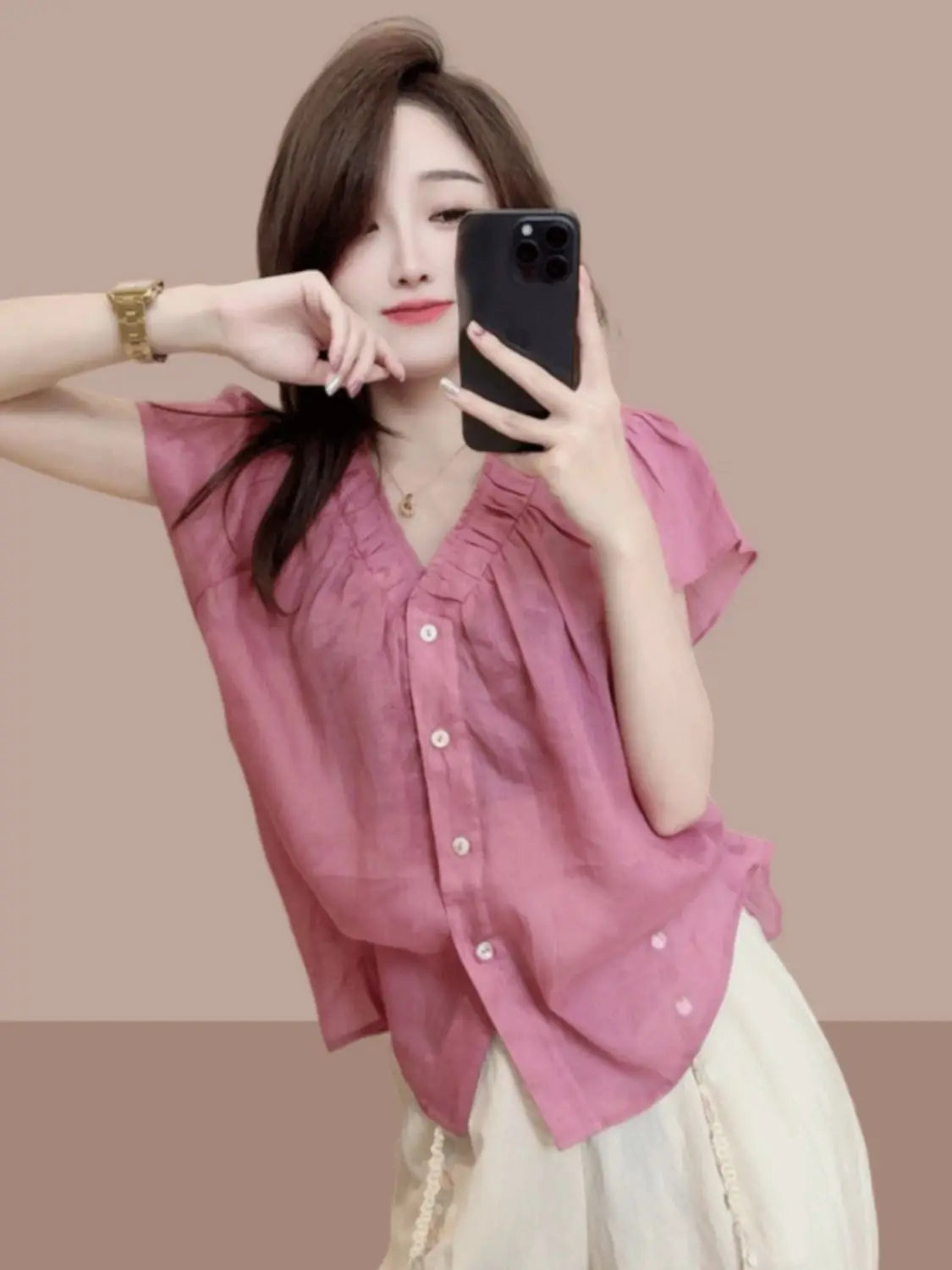 Summer new women's short-sleeved shirt, French stylish blouse, small flutter sleeves, versatile slim-fit top