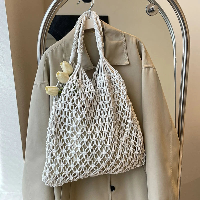 Women Large Capacity Straw Handbag Totes Hollow Out Shoulder Bags Vintage Travel Beach Bag Shopping Pack