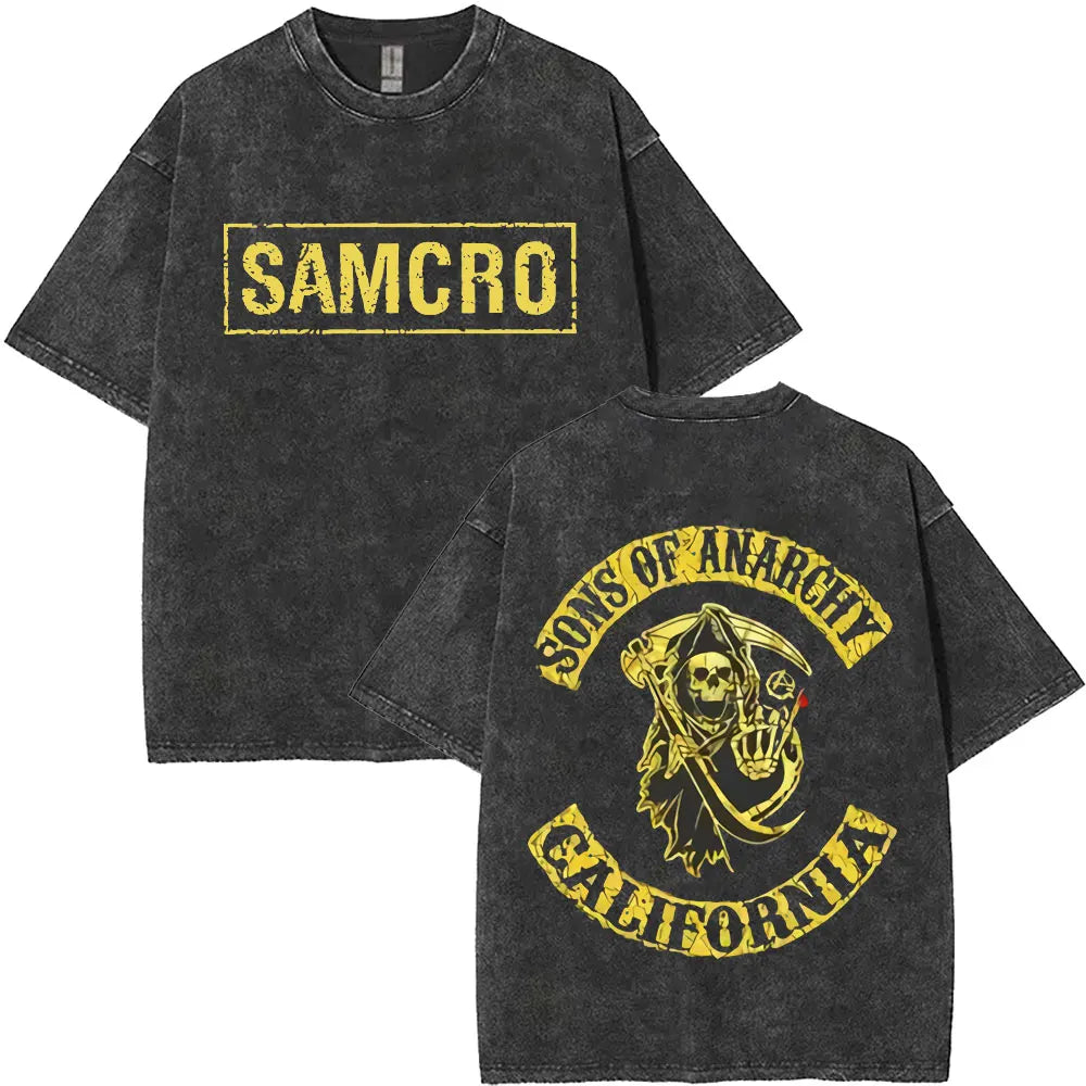 Limited Anarchy Son Samcro Vintage Wash T-shirt Men's and Women's Skeleton Hip Hop Rock Casual T-shirt Short Sleeve Top