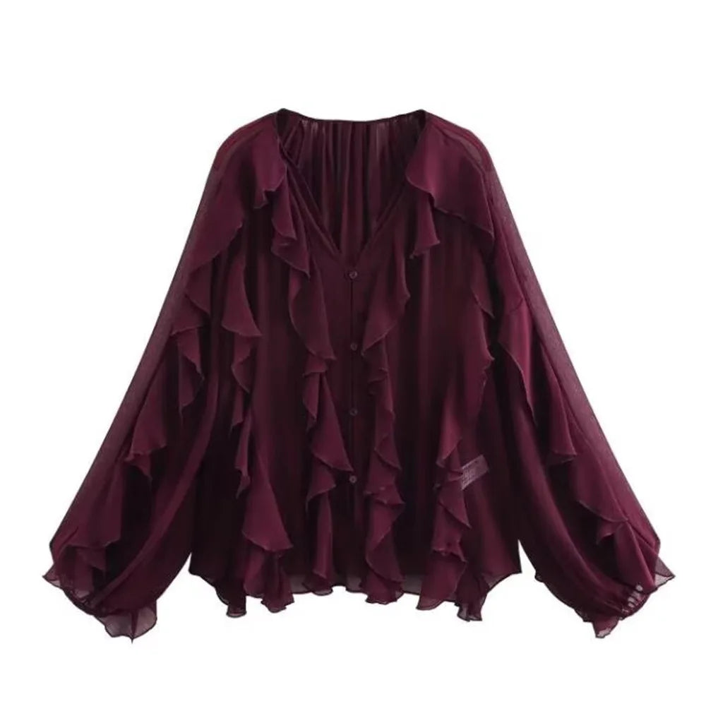 VEITCHE Spring Summer Women Fashion Casual Ruffles Blouses Semi-sheer Loose V Neck Tiered Single Breasted Solid Color Chic Tops