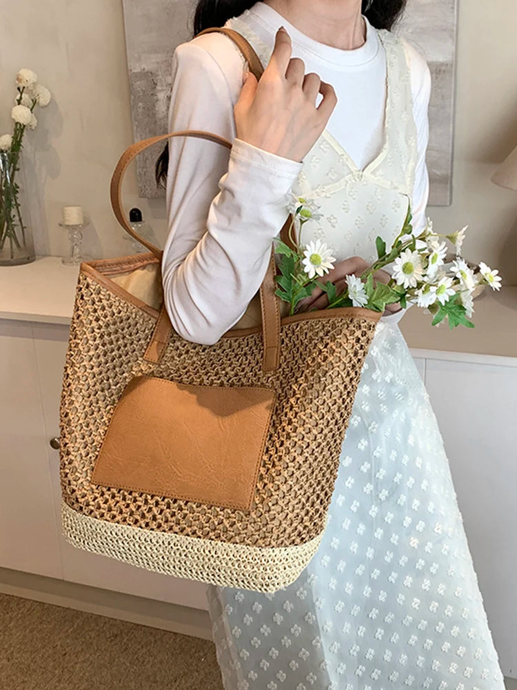 Women Straw Crochet Beach Handbag PU Patchwork Simple Shoulder Bag Contrast Color Minimalist Tote Bag Ladies Summer Bag